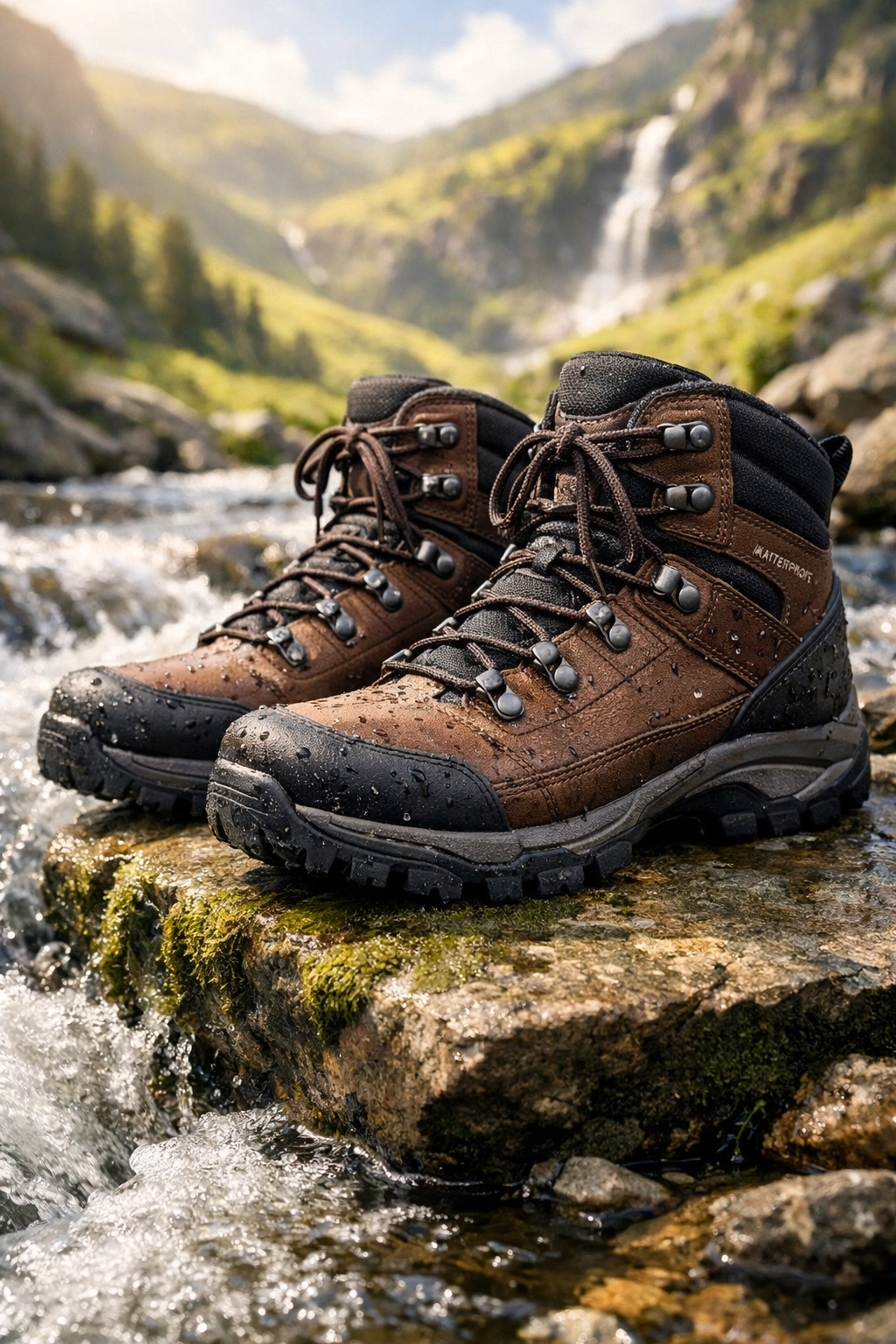 Waterproof hiking boots on a mossy rock, essential gear for Lake District waterfall trails.