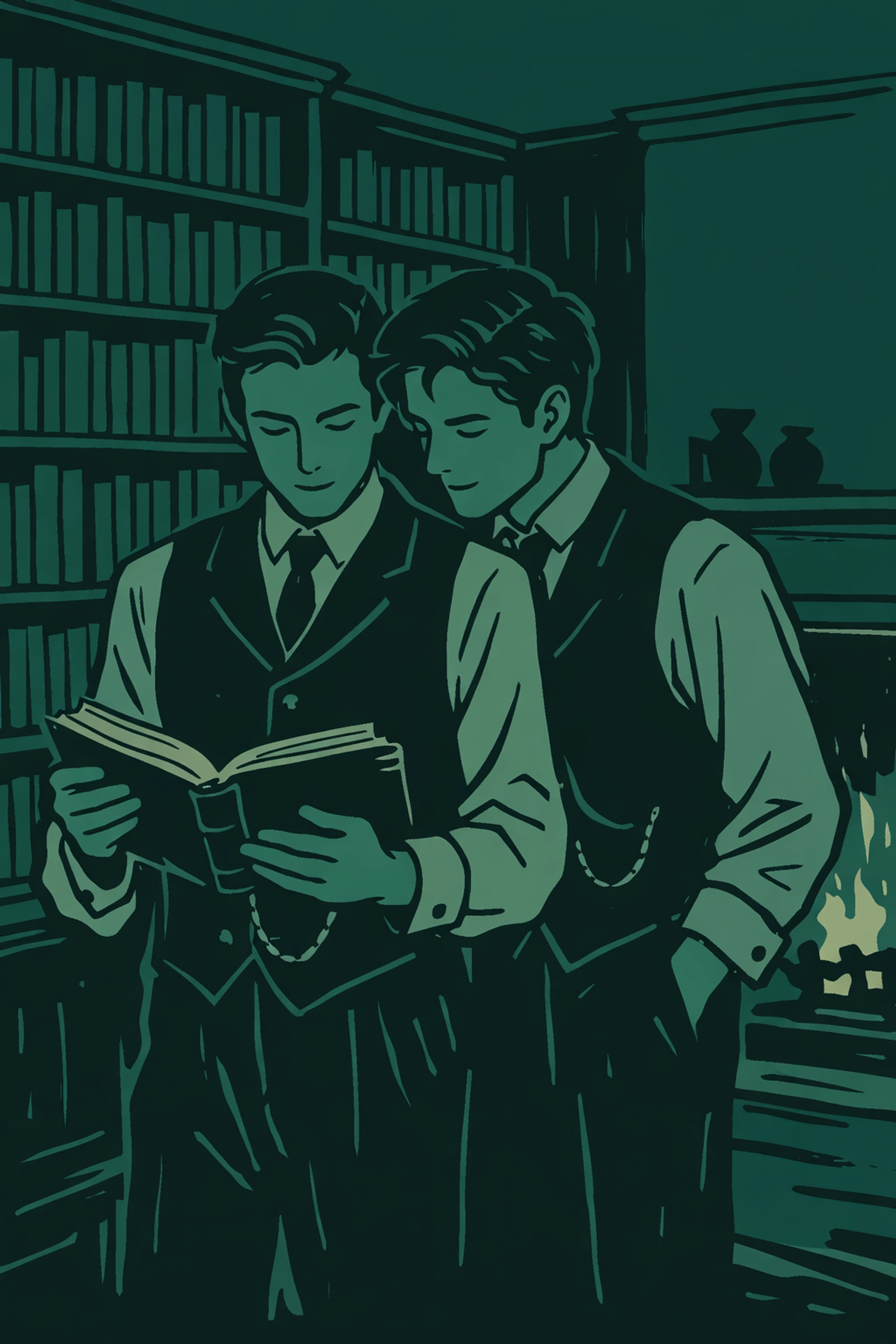Gay men reading together in Edwardian London private library using coded signals