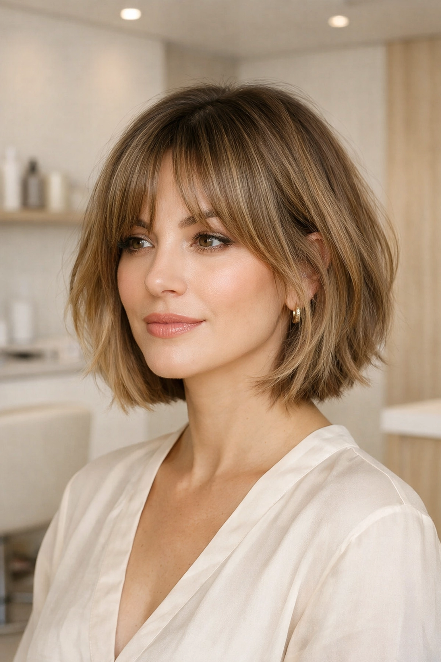 Woman with a soft bob and curtain bangs featuring lived-in color from a top hair salon in Concord NH.