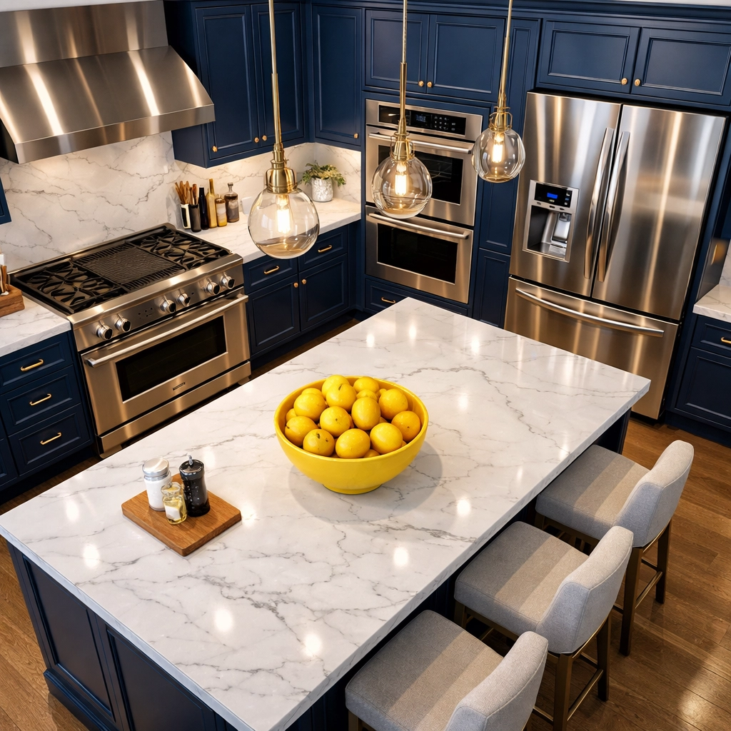 Luxury kitchen in Mashpee, MA, showcasing a deep clean from weekly house cleaning services.