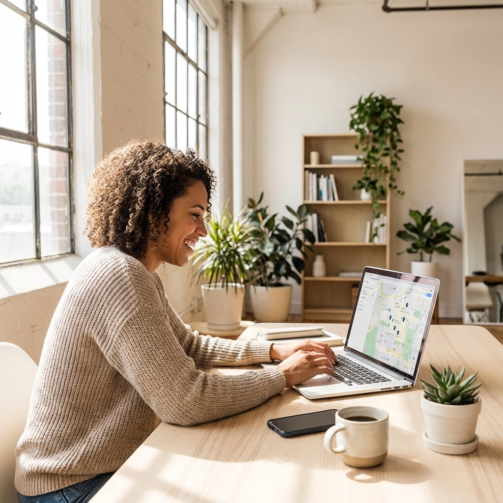 Small business owner optimizing Google Business Profile on laptop to improve local search rankings.