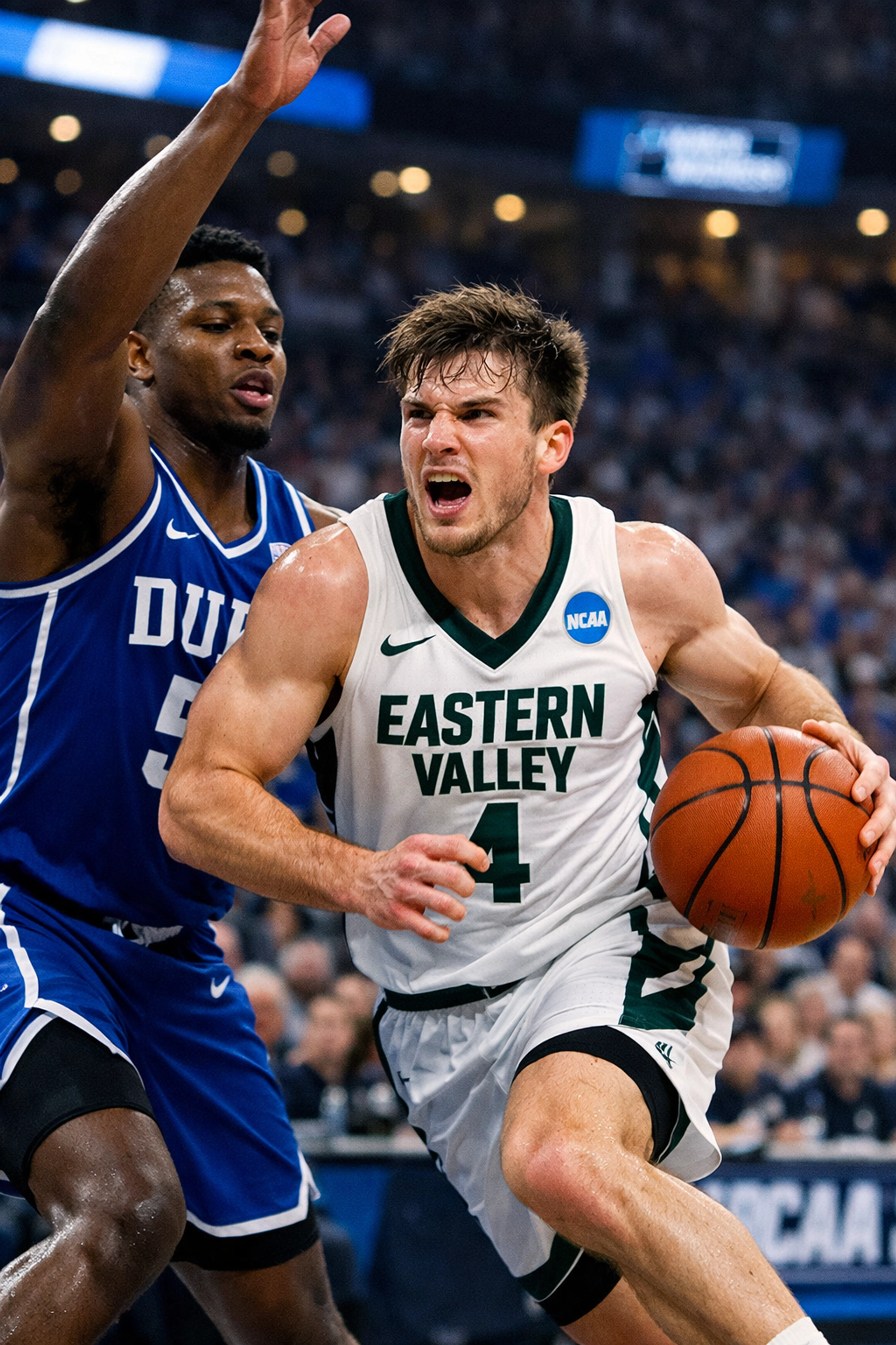 A mid-major college basketball player drives to the hoop against a top-seeded team in the NCAA tournament.