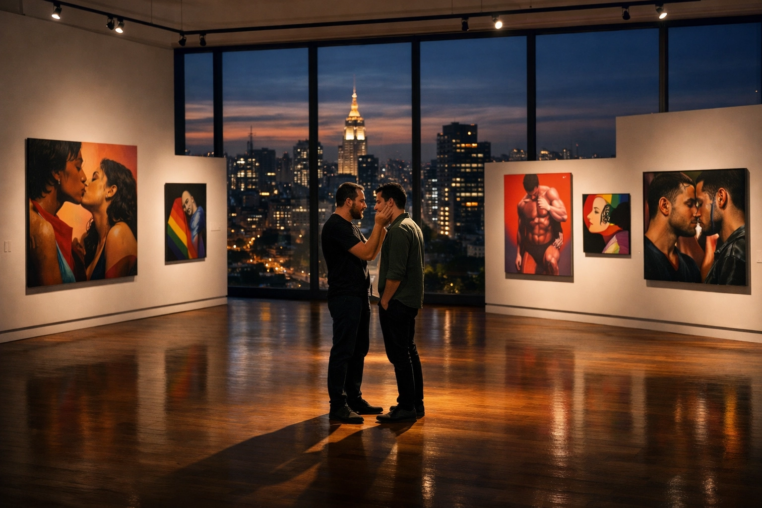 MM romance couple in tender embrace at São Paulo art gallery with queer-themed exhibition