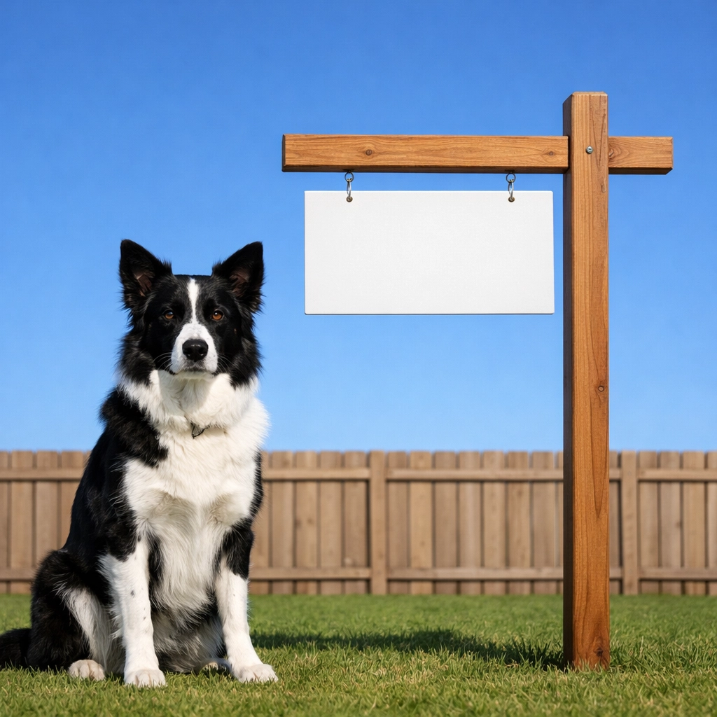 Professional dog sitting by a real estate sign in Blue Springs, representing the best realtor in Kansas City MO.