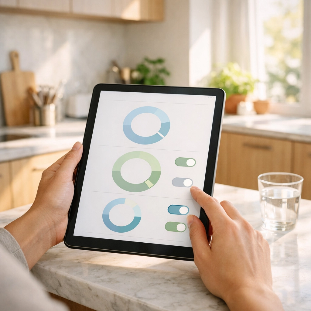 A homeowner using a smart load management interface on a tablet in a modern kitchen.
