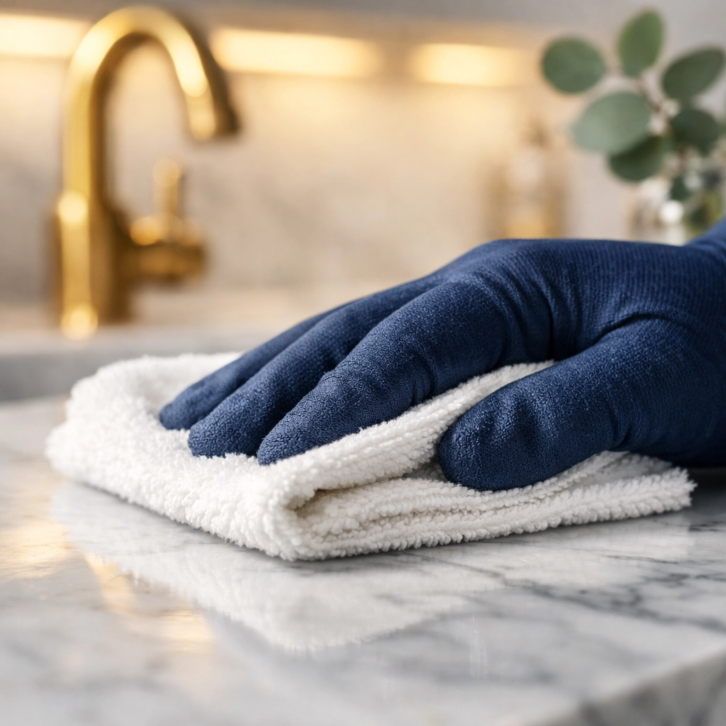 Professional residential cleaning Massachusetts: Polishing luxury Carrara marble in a Dover home.