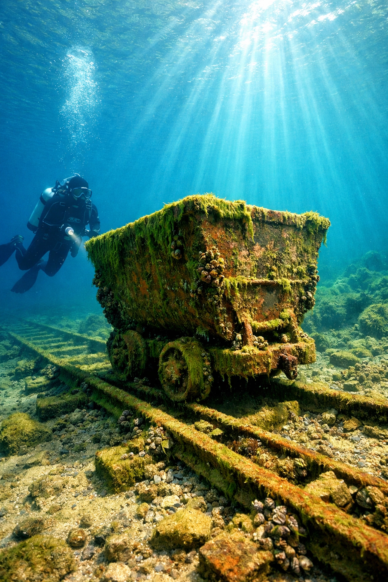 Versunkene Bergbaulore mit Schienen am Grund des Goitzschesees - Tauchspot mit Industriegeschichte