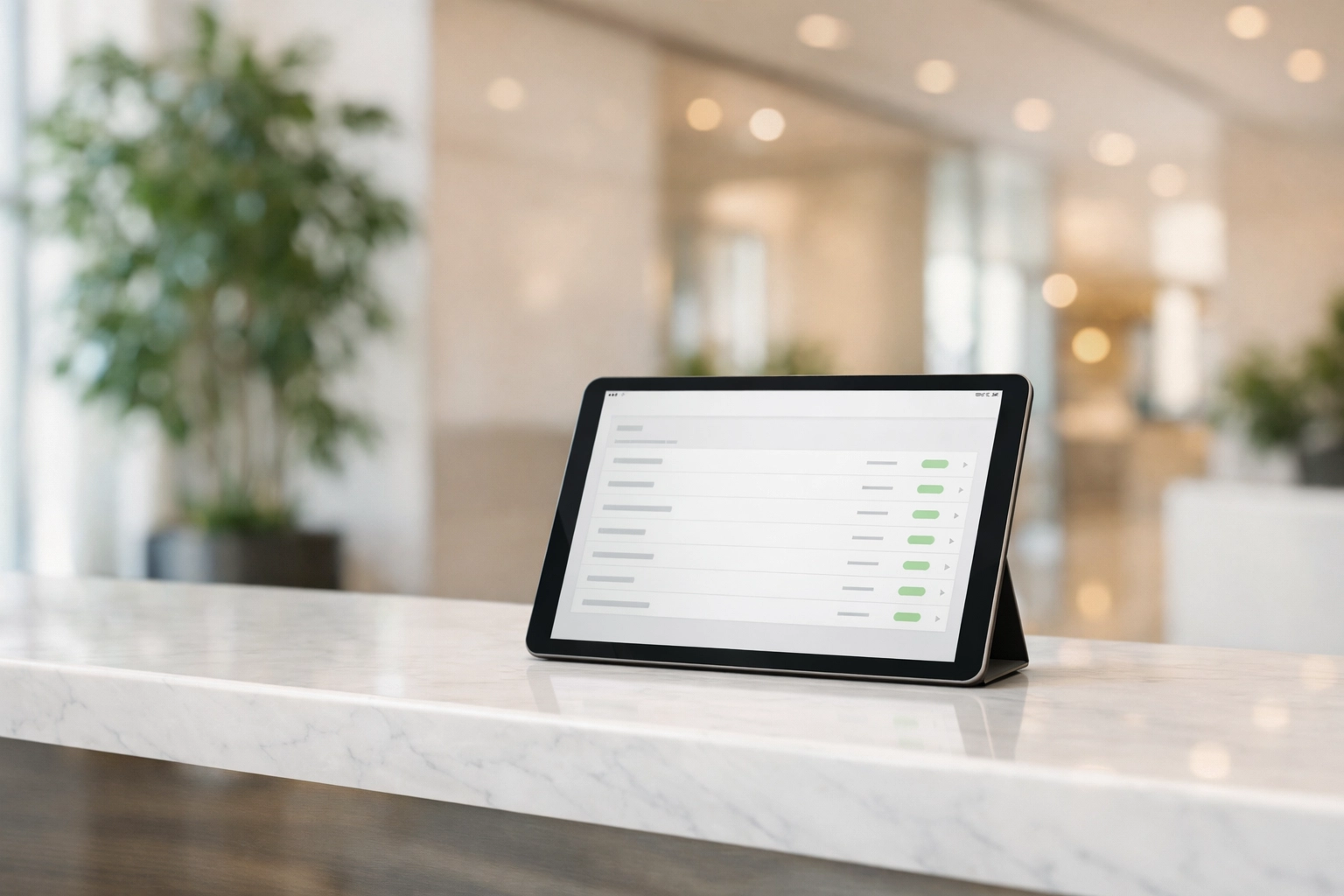 Digital cleaning checklist on a tablet in a modern Indianapolis office reception area.