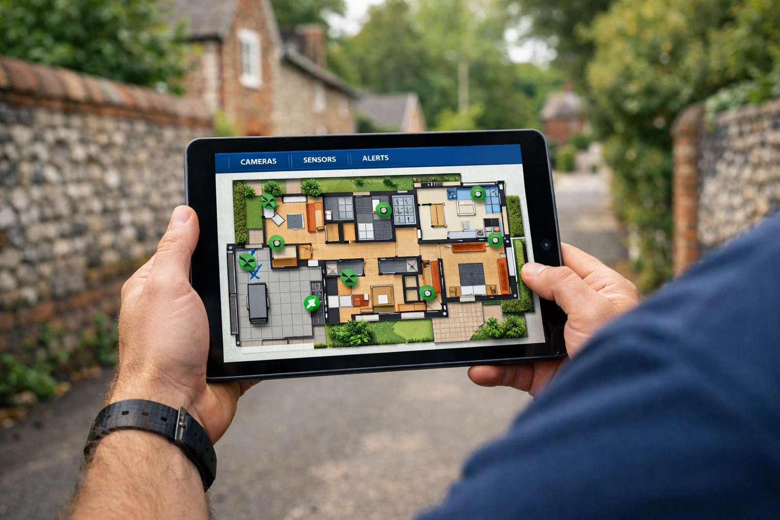 Security expert using a tablet to plan a bespoke CCTV camera layout during a home security survey in Liss.