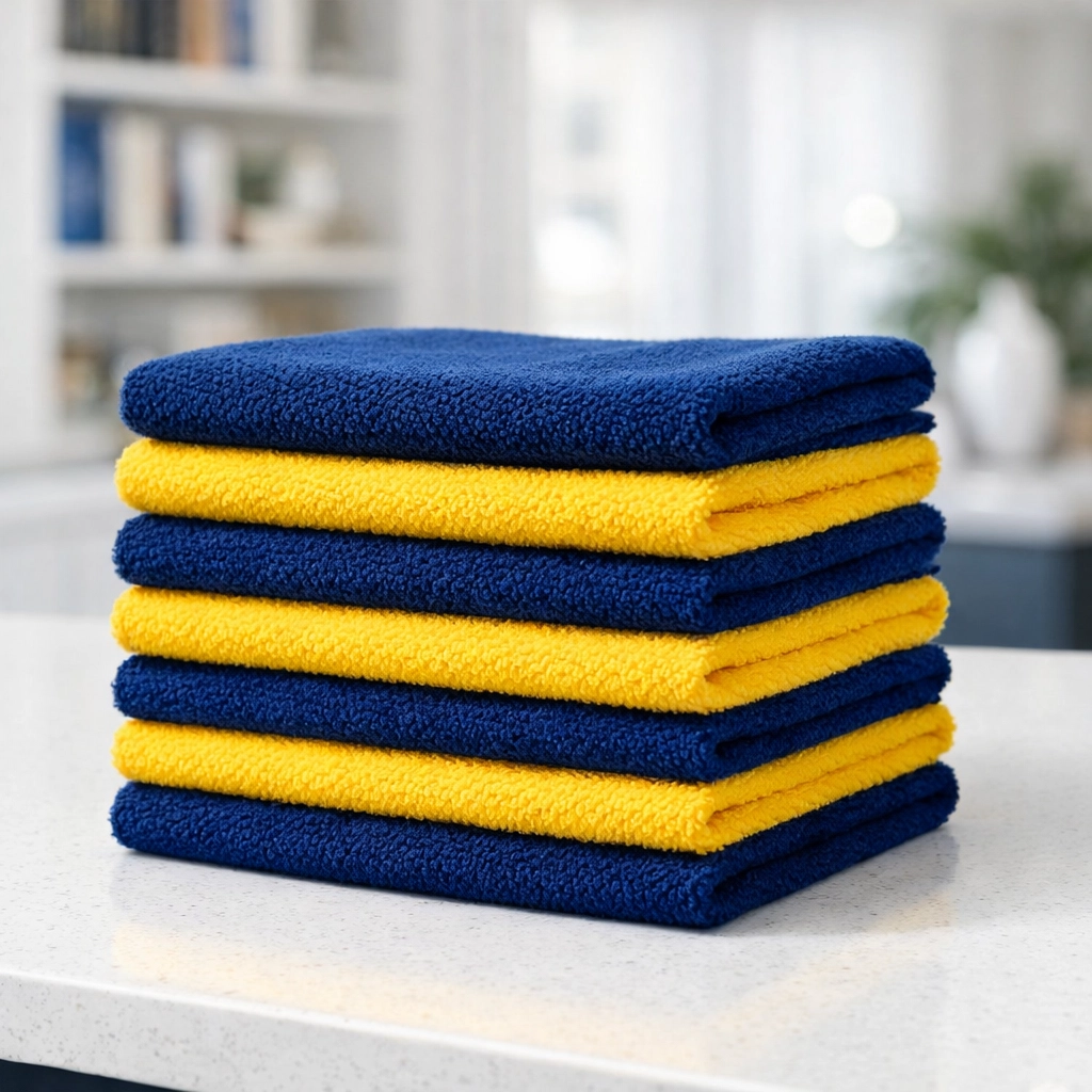 Professional-grade blue and yellow microfiber cloths used for house cleaning in Lowell.