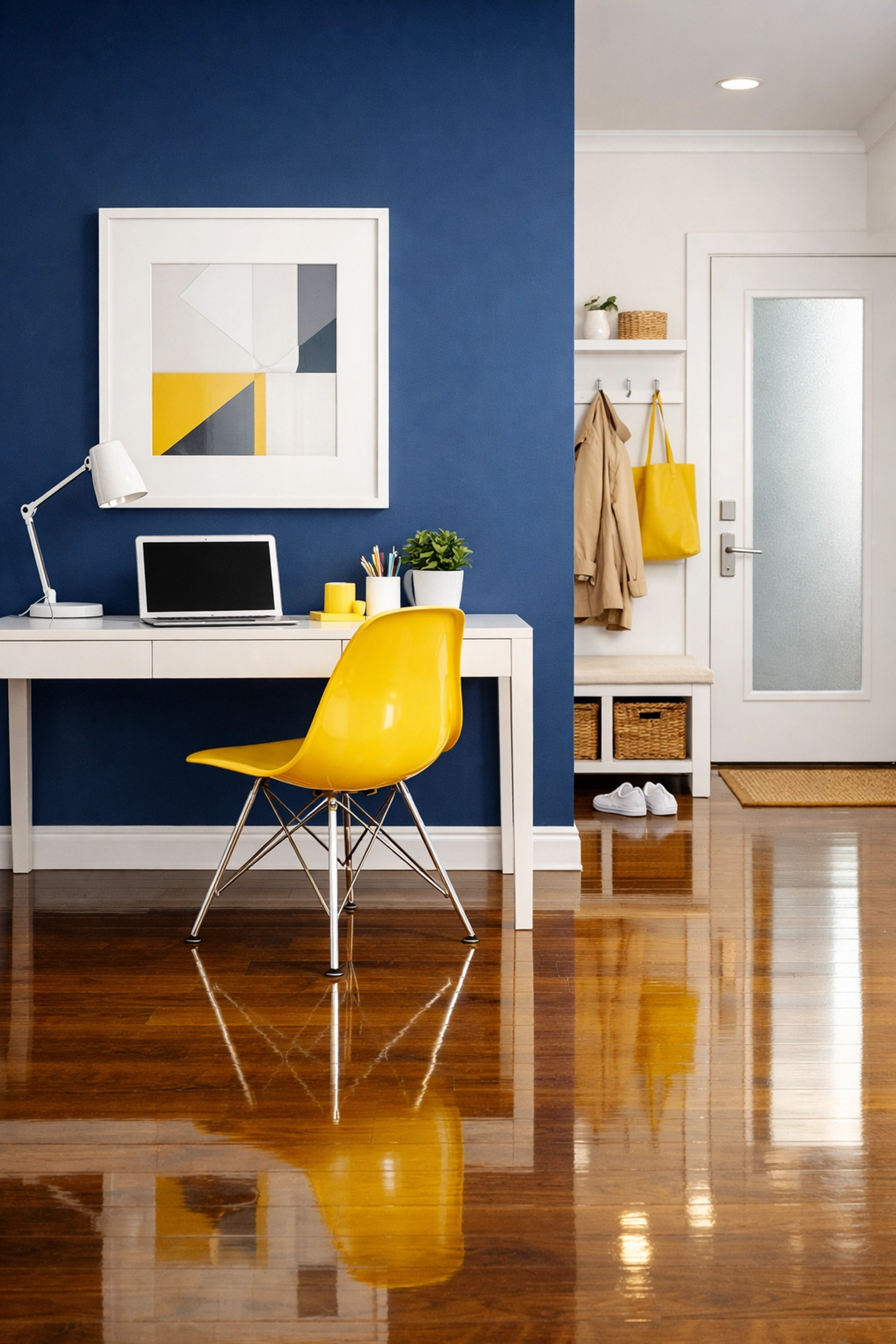 Professional cleaning service results in a tidy home office with polished hardwood floors.