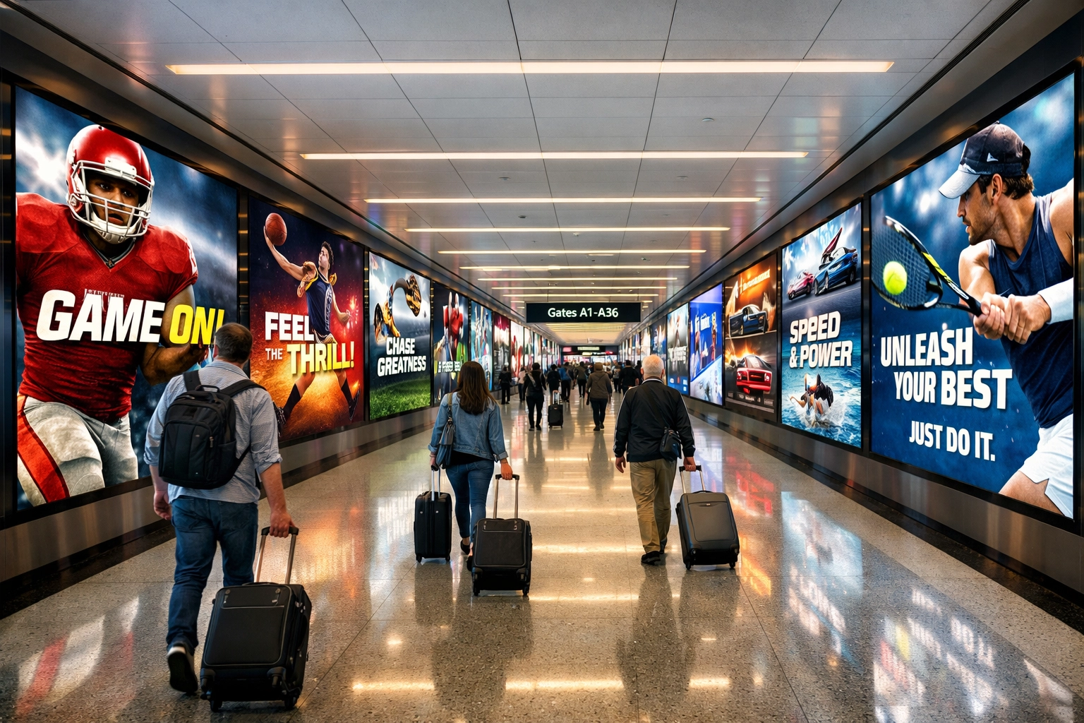 Airport terminal with digital advertising screens targeting sports fans during major events