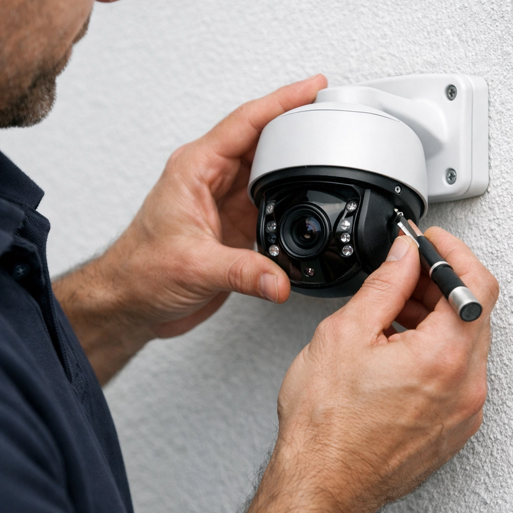 Professional technician performing a meticulous CCTV installation of a high-definition IP camera.