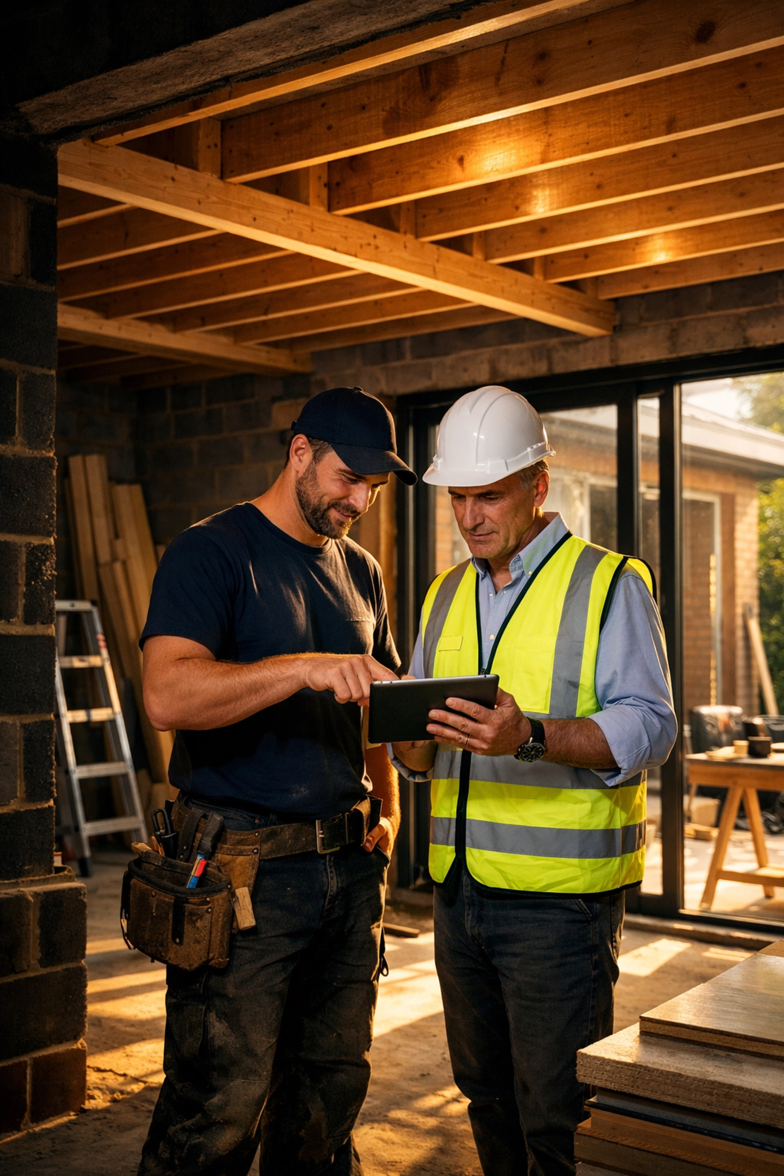 Site manager and carpenter reviewing plans for a home extension to maintain a consistent construction schedule.