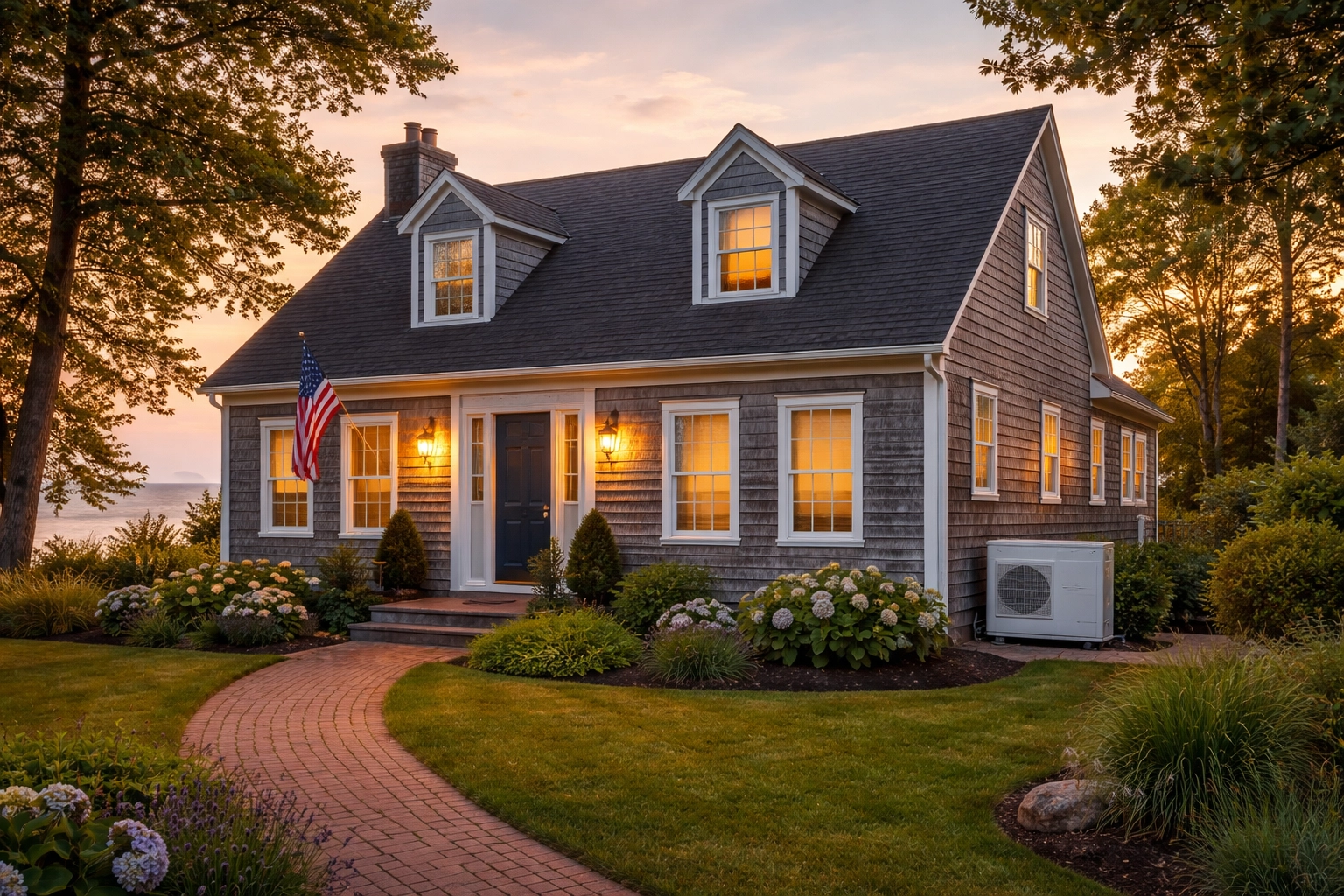 Southern Maine Cape Cod house with visible mini split outdoor unit, energy-efficient climate control.