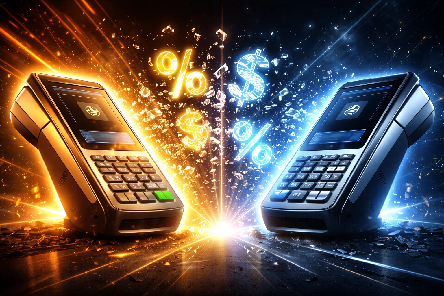 Futuristic payment terminals symbolize Larecoin vs NOWPayments fee comparison in crypto POS systems.