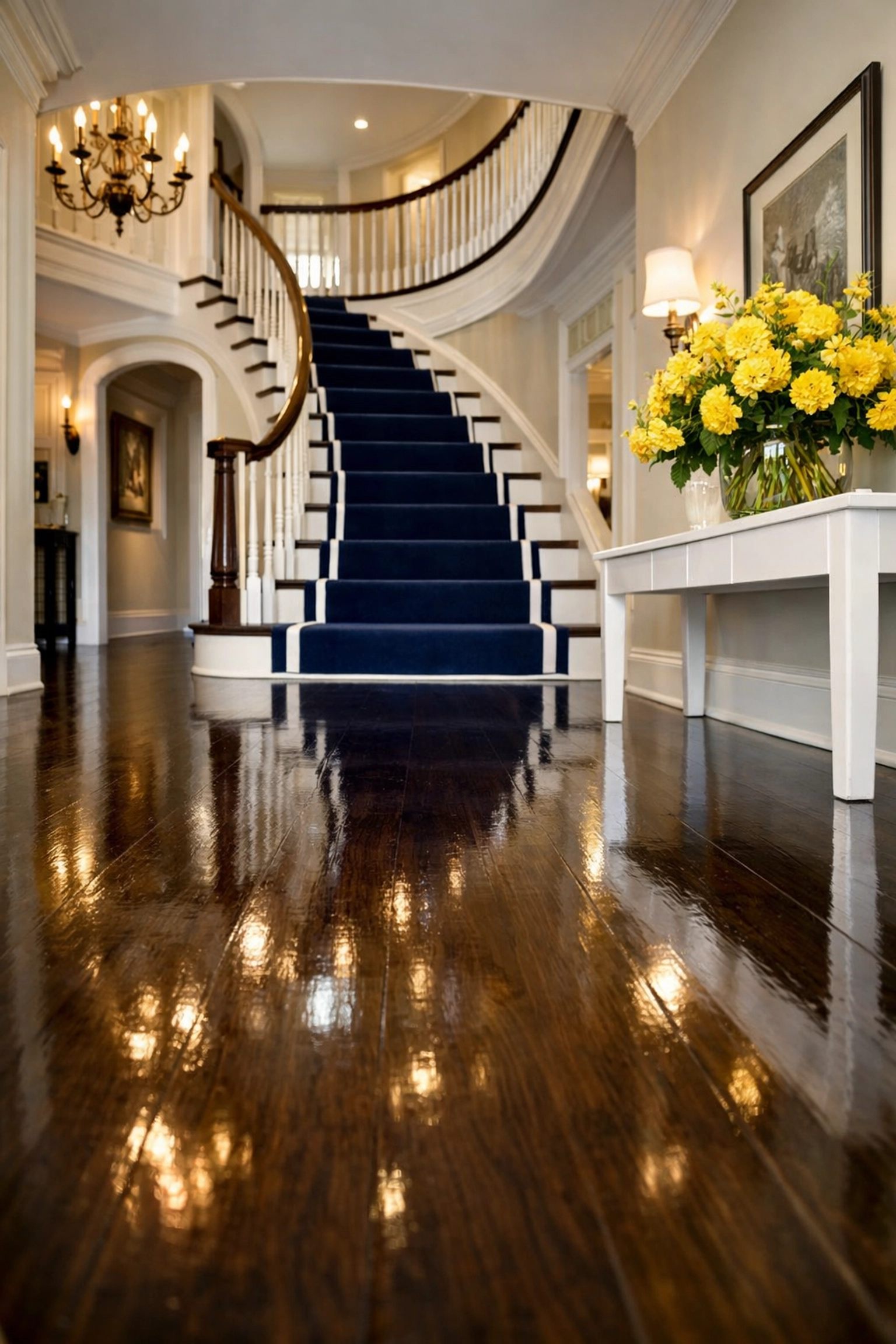 Shining hardwood floors in a grand Hanover entryway following a weekly house cleaning visit.