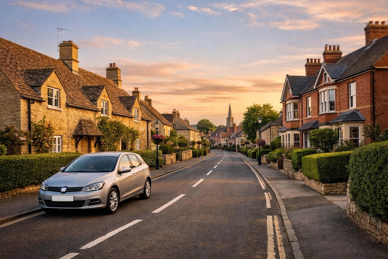 Quiet residential street in Chippenham with Cotswold stone houses, highlighting a safe Wiltshire neighbourhood environment.