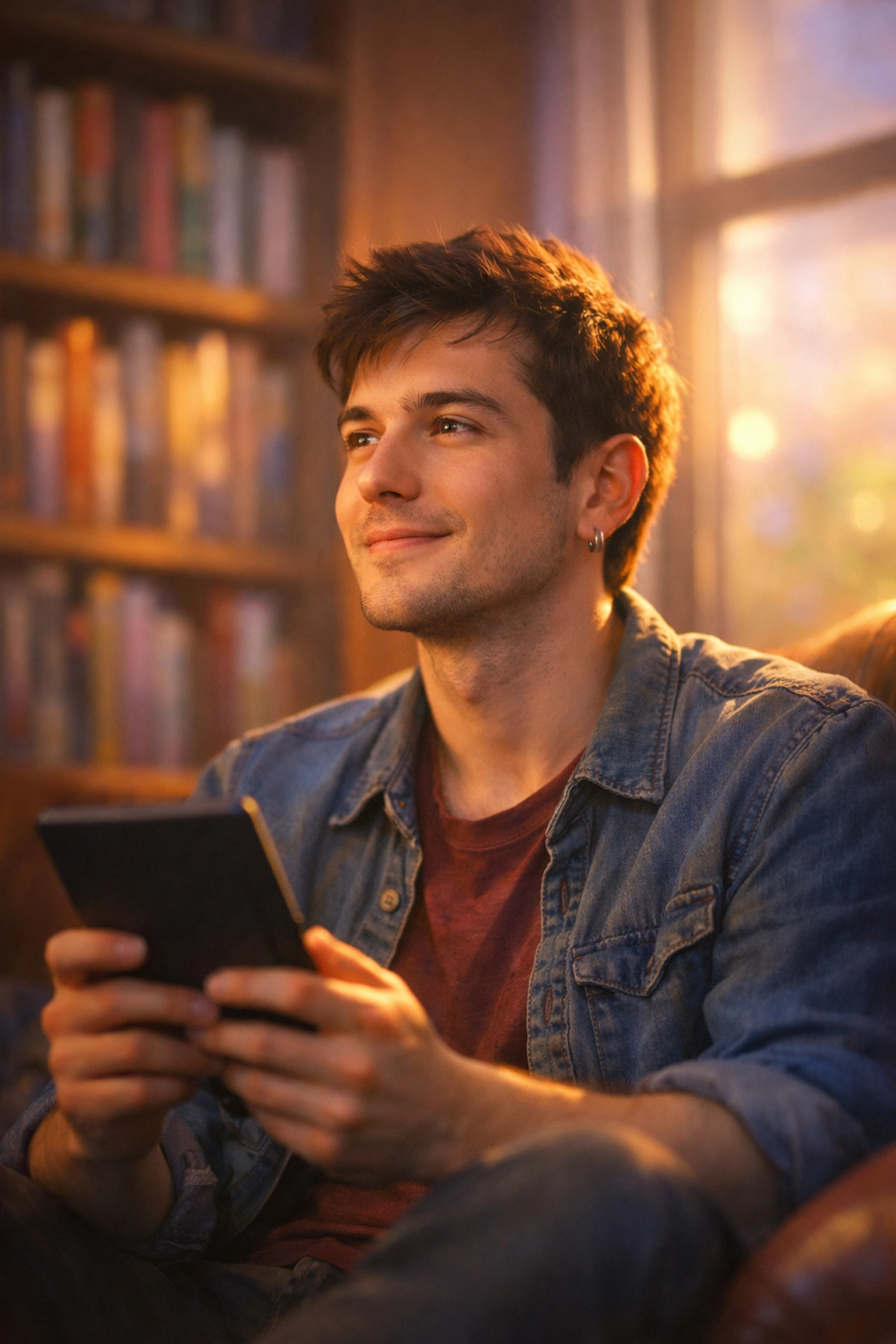A young man smiling while reading an LGBTQ+ ebook, reflecting on his journey of self-acceptance and queer identity.