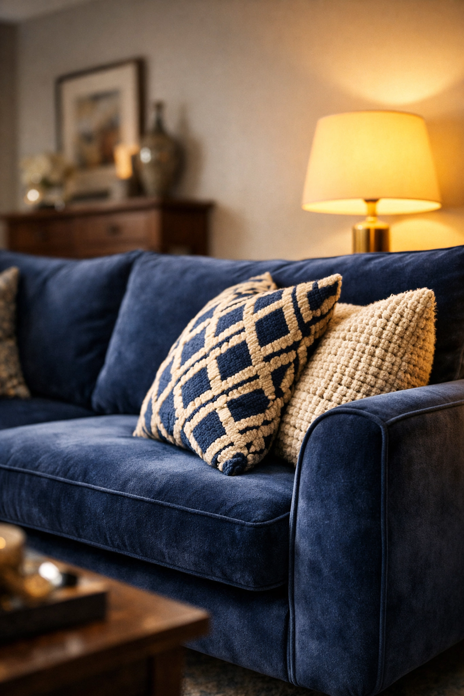 Spotless blue velvet sofa highlighting meticulous residential cleaning Massachusetts for delicate furniture.