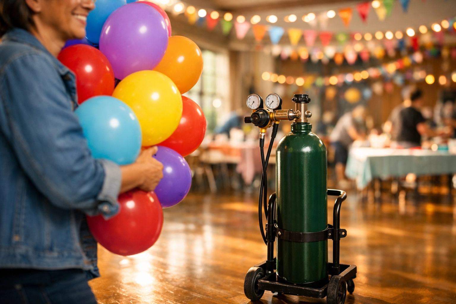 A person inflating balloons with a refillable helium cylinder for a large event.