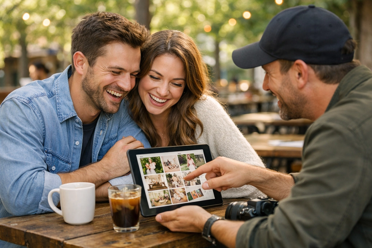 A photographer holding a personalized consultation with a couple at a cafe to discuss their vision.