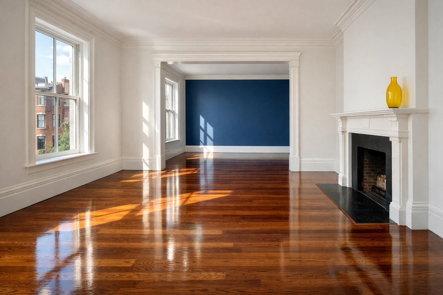 Spotless Boston apartment living room with polished hardwood floors after professional move-out cleaning.