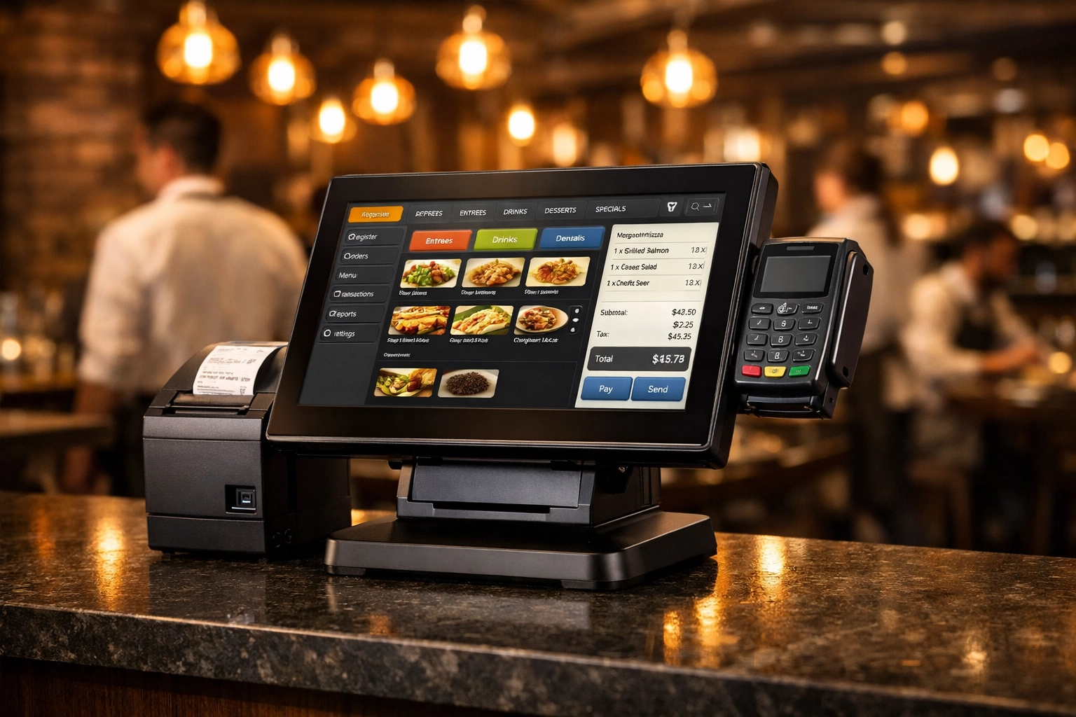 A professional restaurant POS system terminal on a sleek counter in a busy dining room.