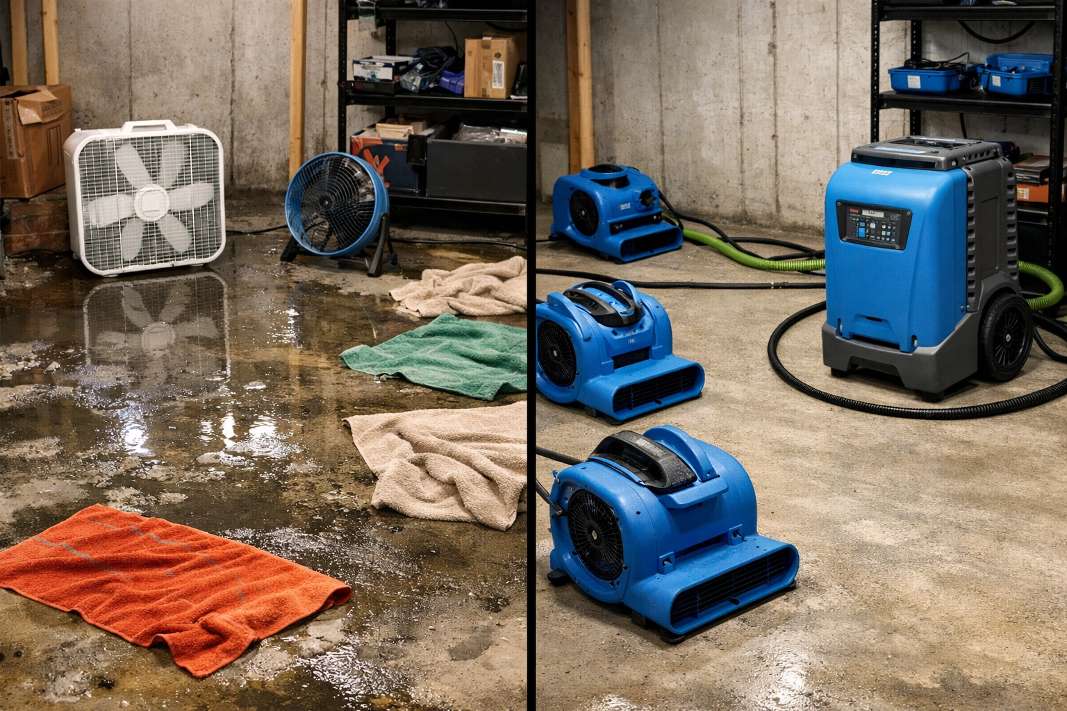 Comparison of household fans versus professional water damage restoration equipment