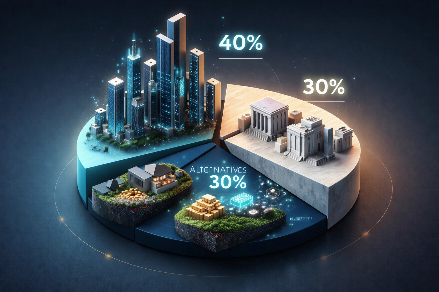 Visual breakdown of the 40/30/30 portfolio model with equities, bonds, and alternative investments