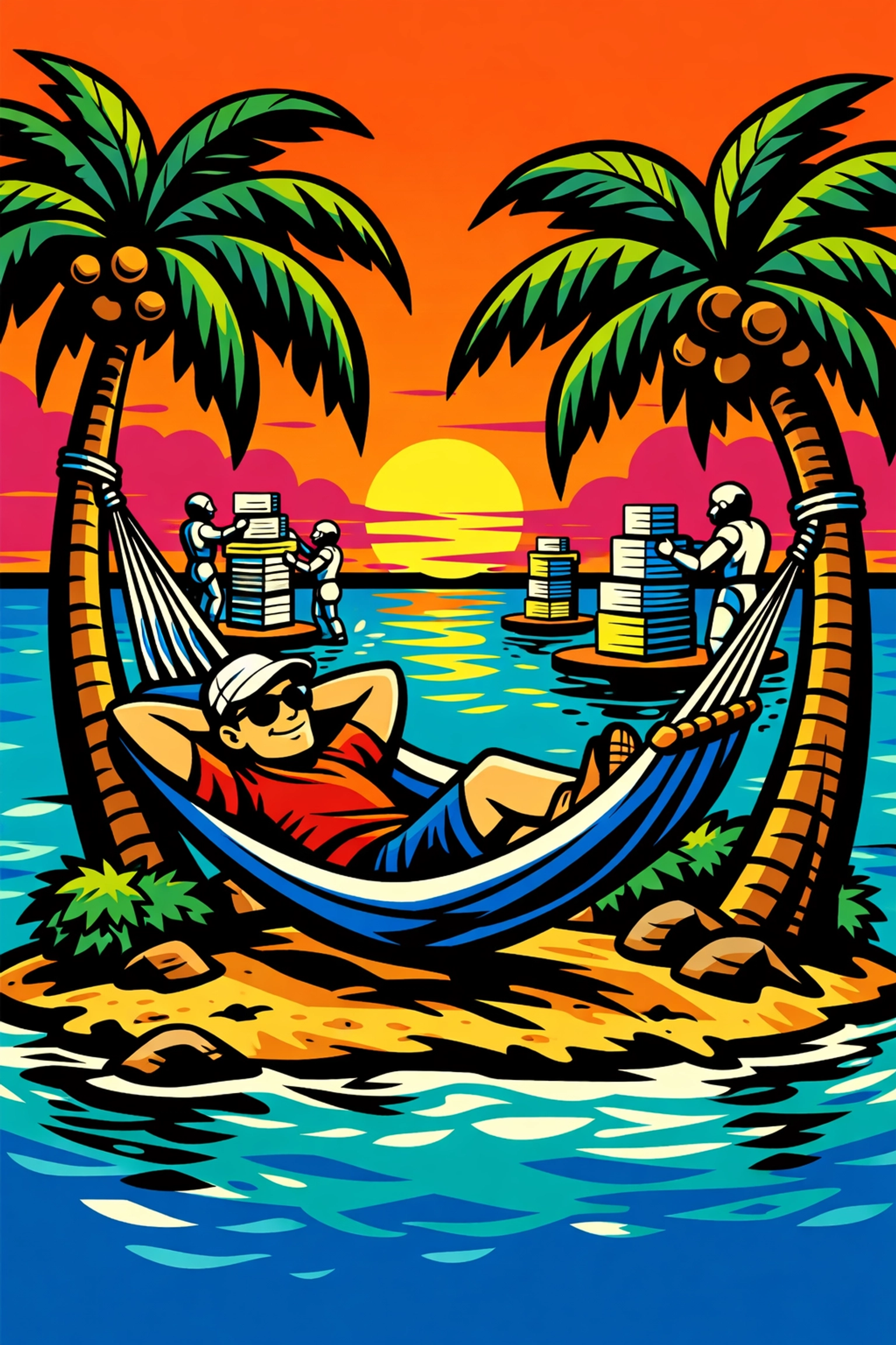 A person relaxing in a hammock while automation robots handle digital files and business admin.