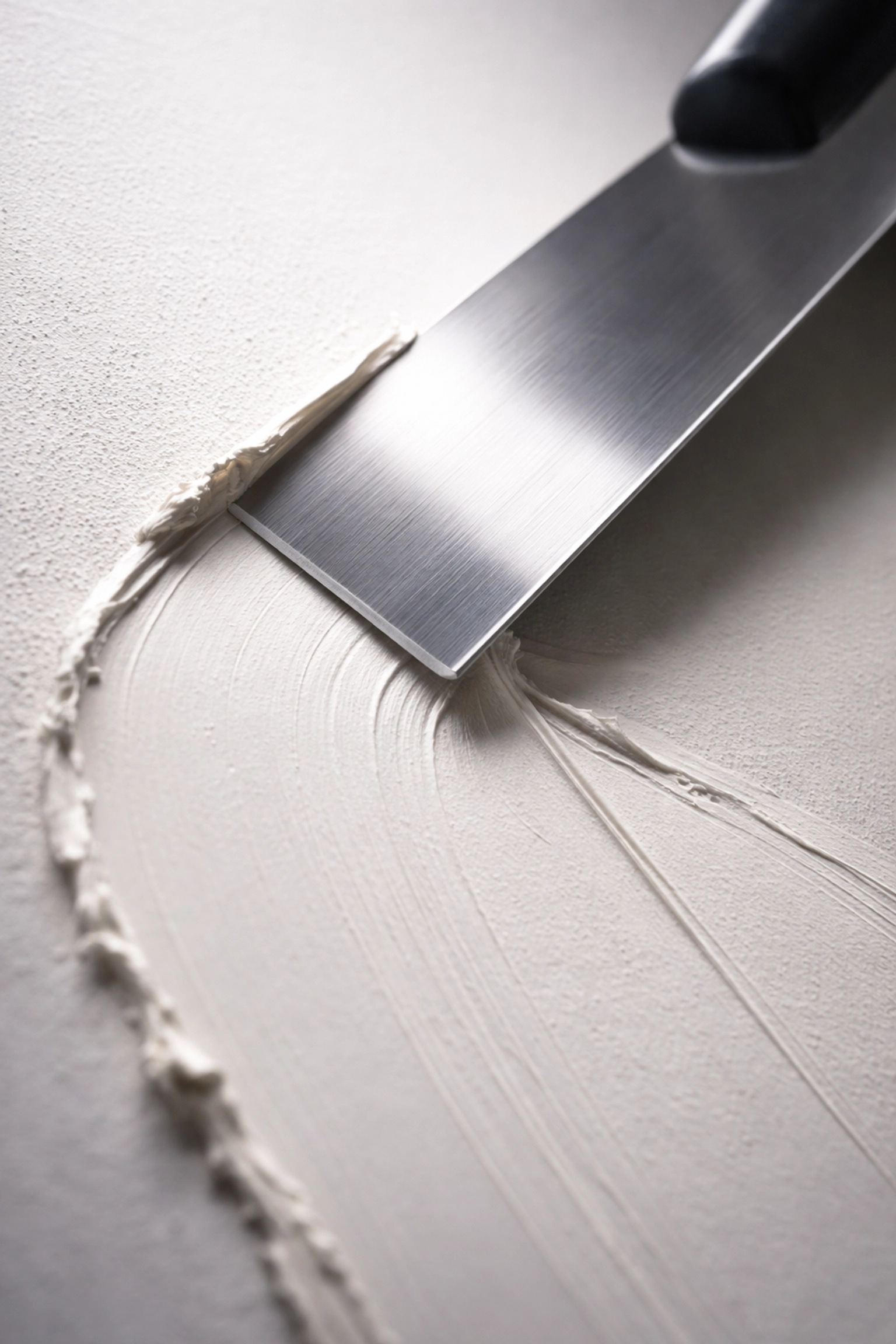Macro shot of trowel applying joint compound to wall, showcasing smooth, seamless drywall texture