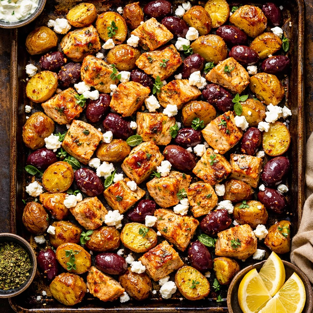 A healthy 5-ingredient Greek sheet pan chicken dinner with roasted potatoes, olives, and crumbled feta cheese.