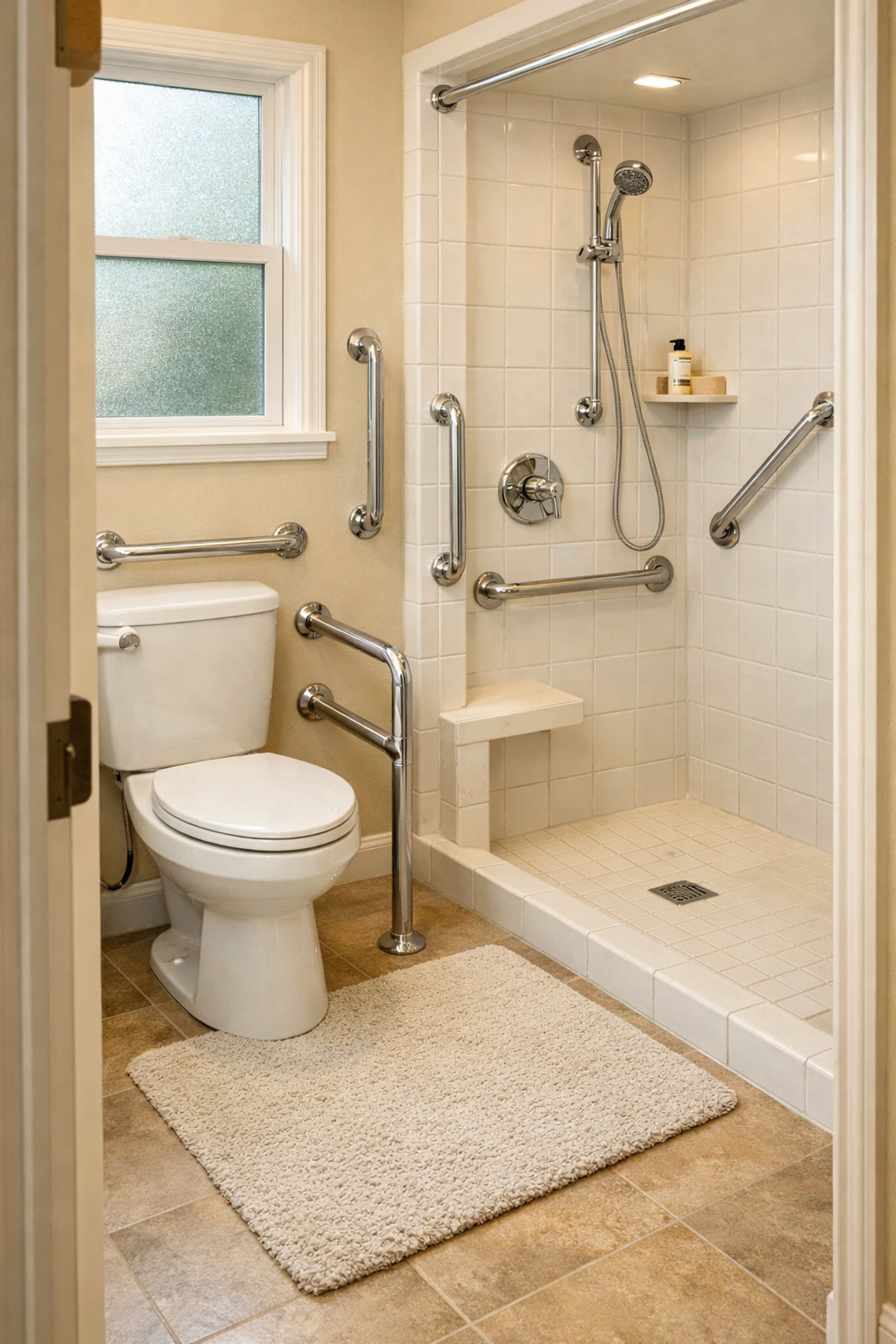 Bathroom safety modifications with grab bars near toilet and shower for fall prevention