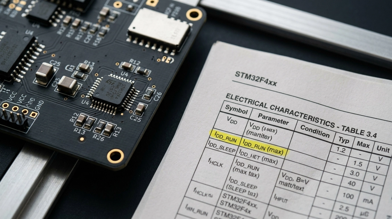 Extreme macro of a matte black PCB assembly beside a printed component datasheet page with highlighted electrical parameter table