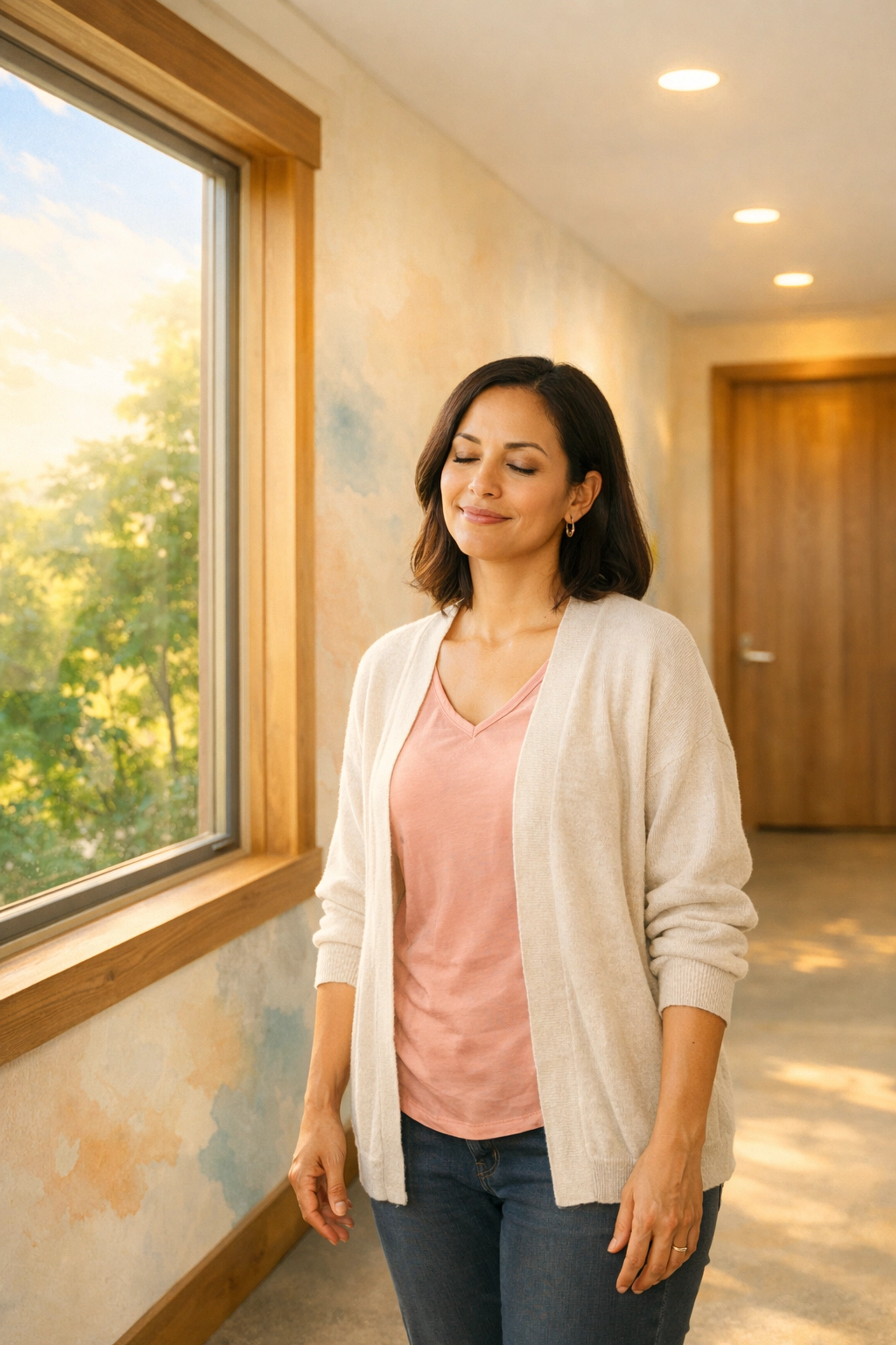 A mother feeling peaceful and relieved while supporting her child's mental health journey.