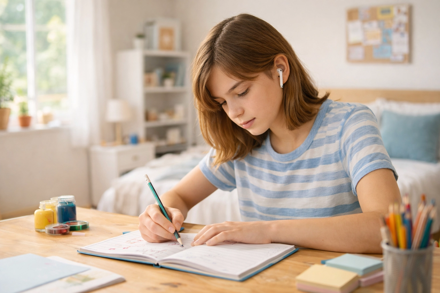 A teenager focused on a creative task within the structured routine of a supportive youth residential treatment center.