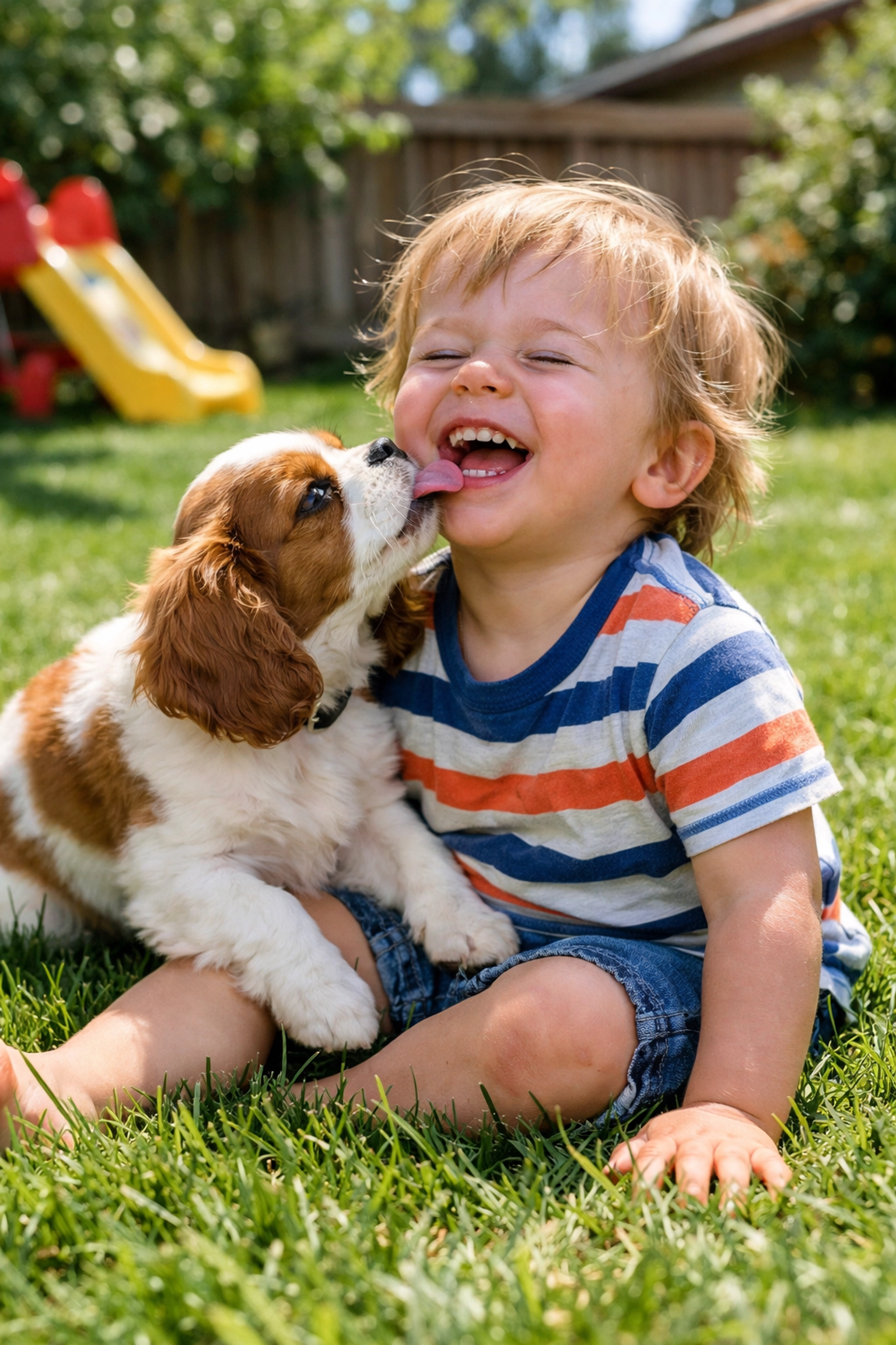 Therapy-quality Cavalier King Charles Spaniel puppy bonding with a child in an Oregon backyard.