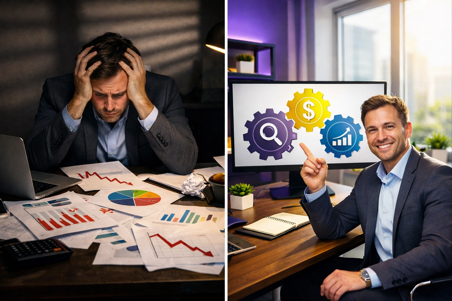 Service business owner comparing isolated marketing failures versus integrated SEO, PPC, and website optimization success