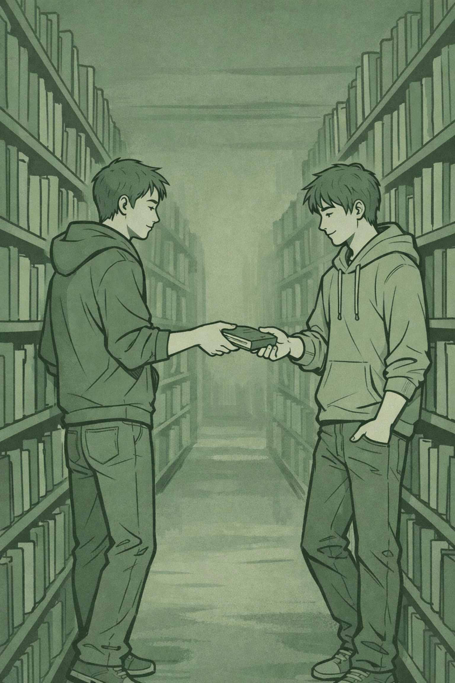 Gay college students share secret moment between library shelves in campus romance story