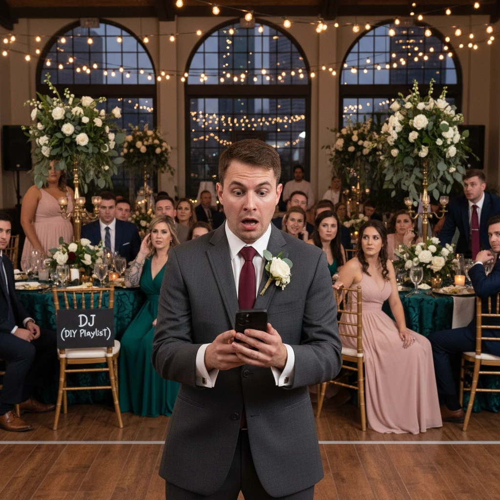 Shocked man in suit looking at phone at a wedding reception; guests seated with flowers and string lights. Sign reads "DJ (DIY Playlist)".