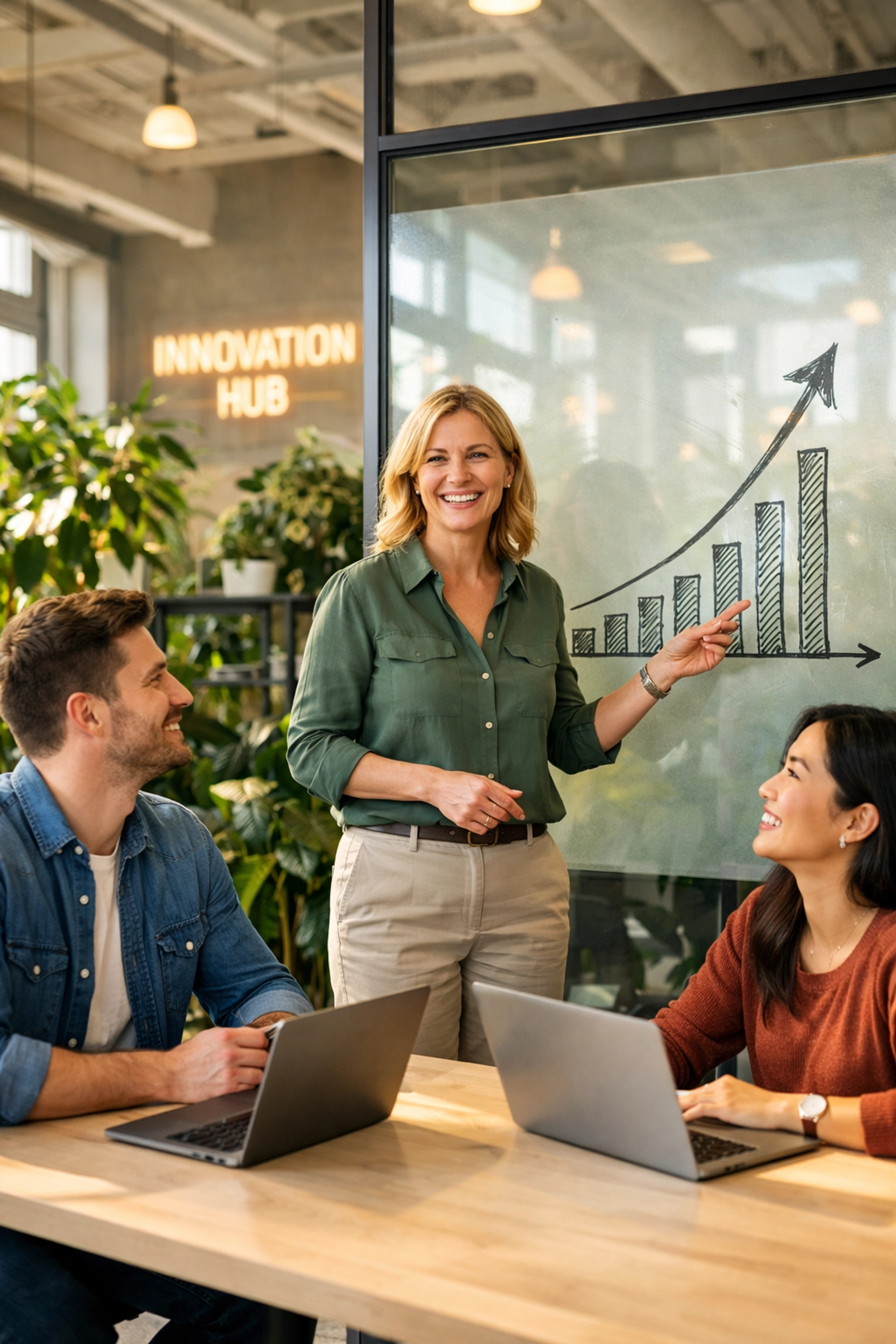 ServiceNow consulting services team reviewing ROI growth and project success in a modern office.