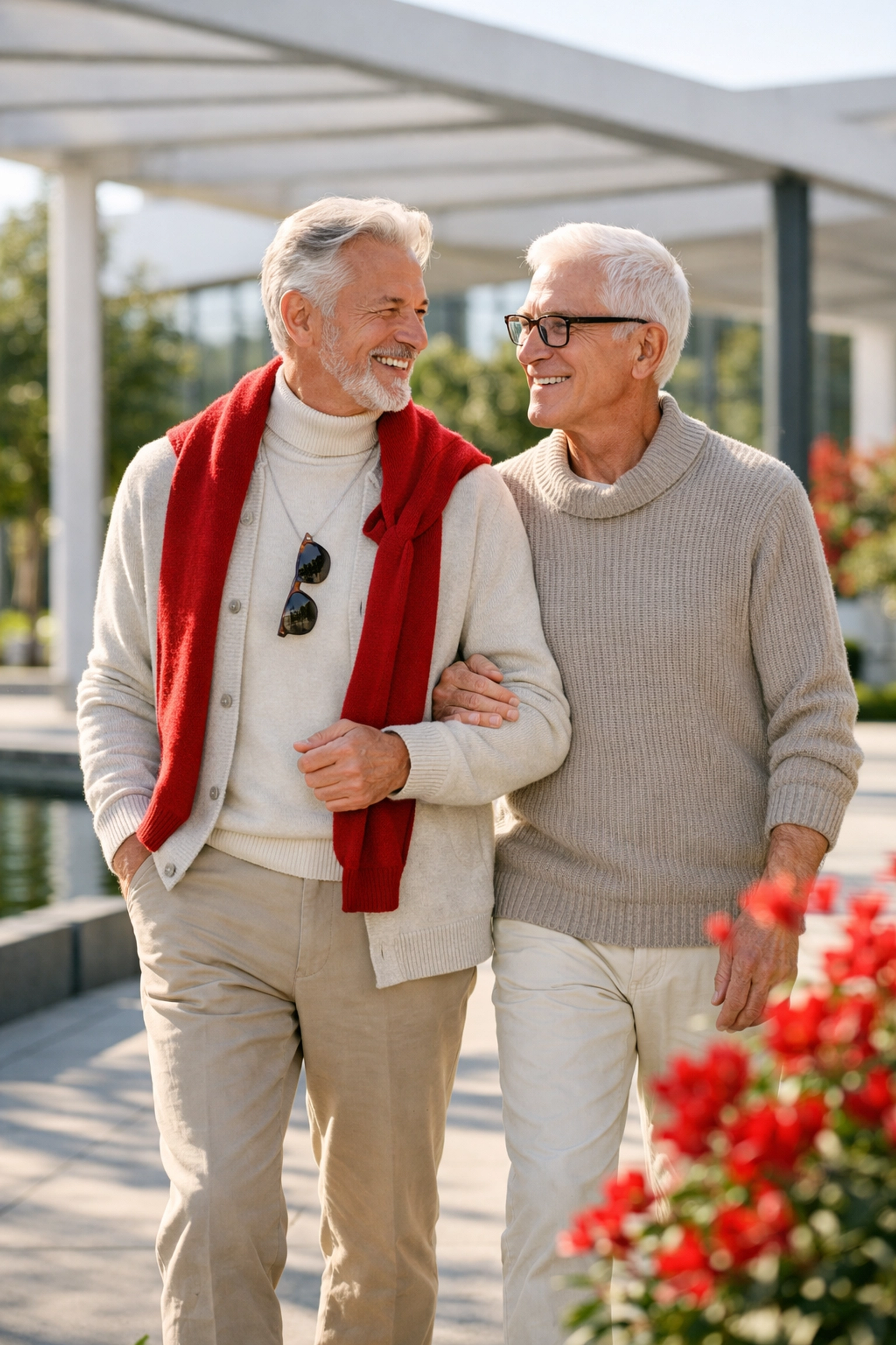Supporting the LGBTQ+ Community: A Journey Toward Financial Security and Well-Being 4 Older gay couple enjoying retirement well-being in a park, illustrating long-term care planning.