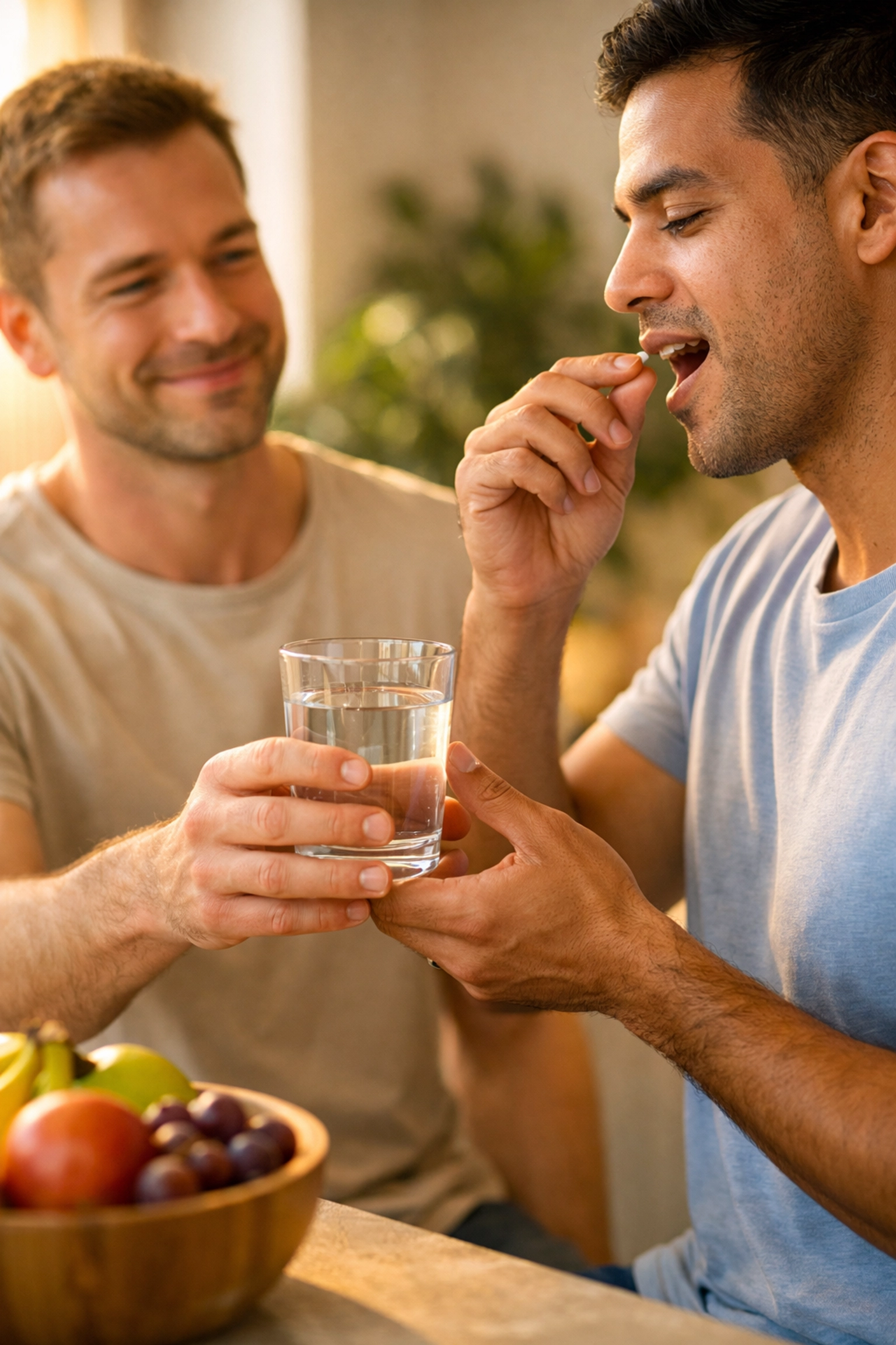 A loving gay couple in a kitchen sharing a morning routine, representing healthy living in modern queer fiction.