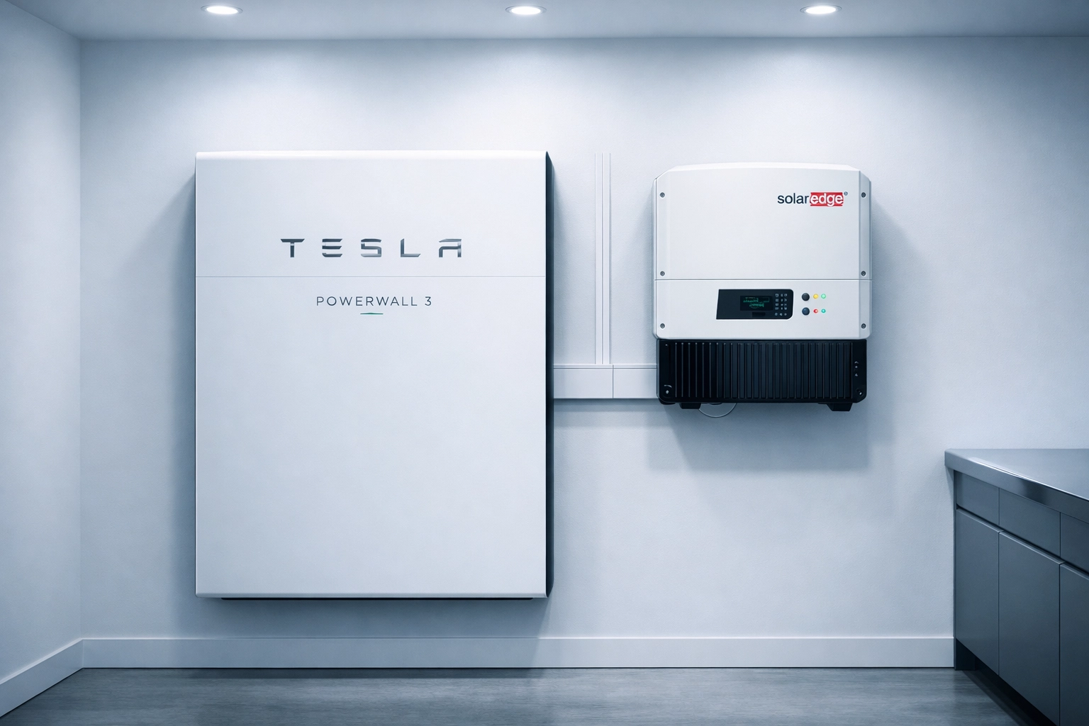 Tesla Powerwall 3 battery and SolarEdge inverter installed in a modern UK utility room.