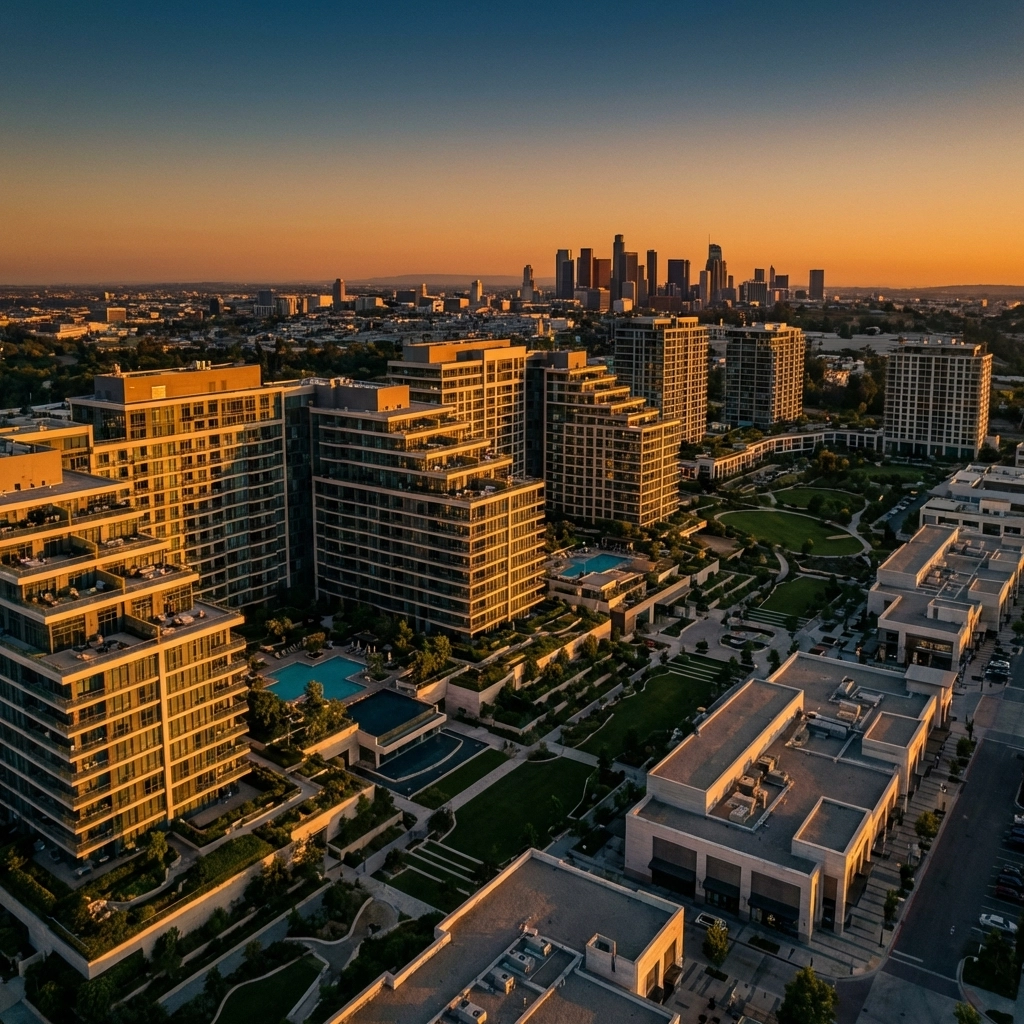Aerial view of high-end multifamily real estate syndication showing modern apartments and prime investment potential.