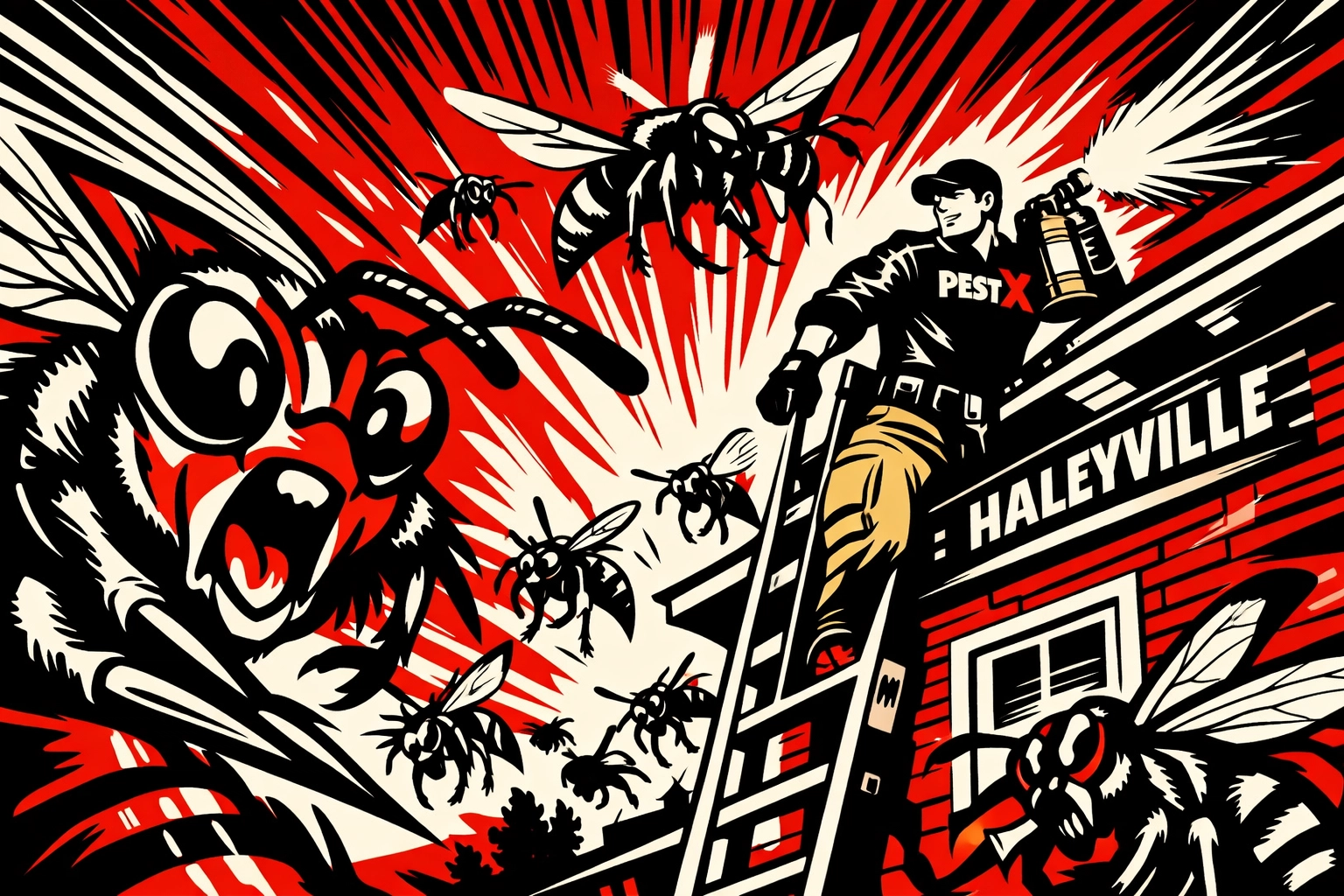 Pest X technician providing wasp control services at a Winston County home to prevent stinging nests.