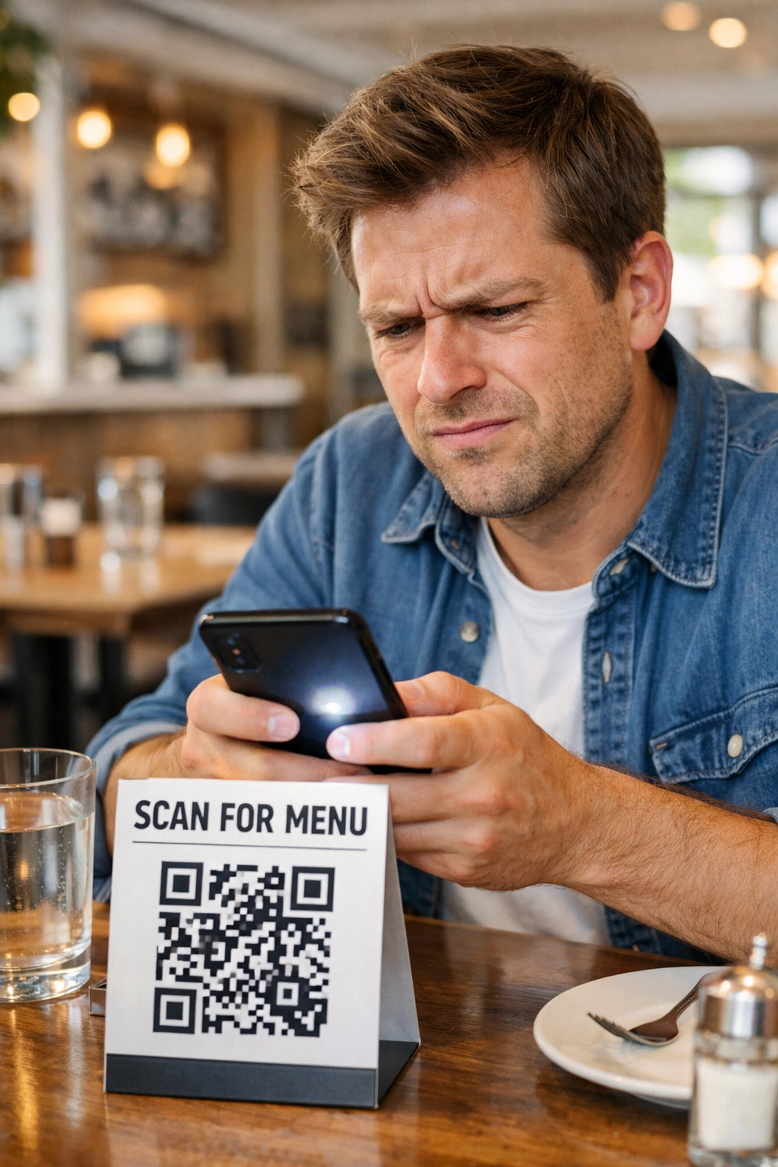 Frustrated diner scanning QR code menu at restaurant table with smartphone