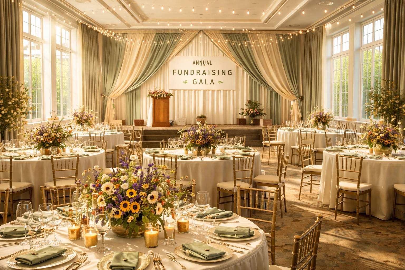 Beautifully decorated nonprofit fundraising gala venue ready for a multi-organization event