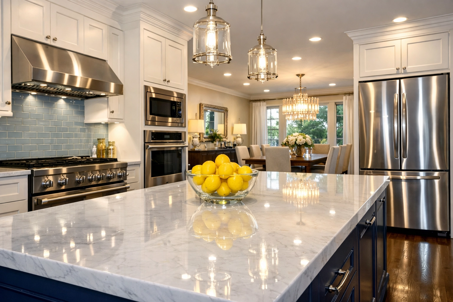 Sparkling clean luxury kitchen in Lowell with polished marble surfaces maintained by expert maid services Lowell.